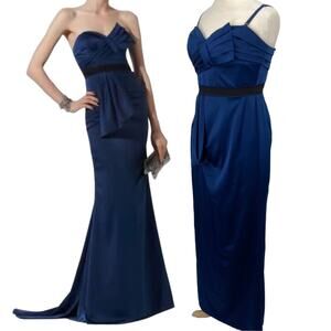 BCBGMAXAZRIA Maxi Dress Pleated Details Empire Waist Blue Evening Gown Womens 12